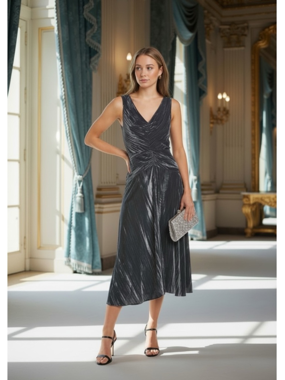 NWT Vince Velvet Textured Midi Dress in Steel Grey Size 8